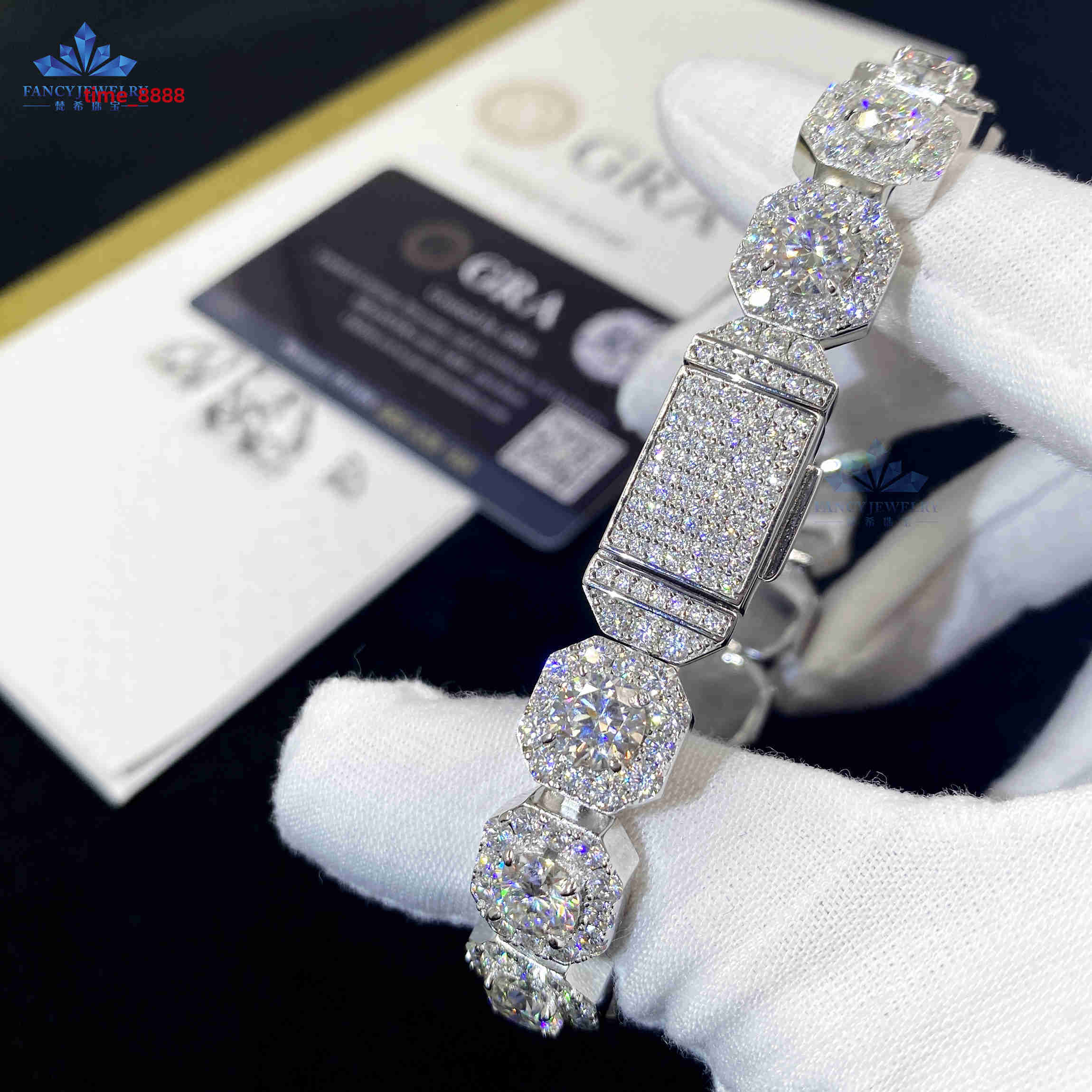 18k Gold Plated Iced Out Cluster Tennis 11mm Width Iced Out 8.5inches Bracelet Custom Moissanite Tennis Chain