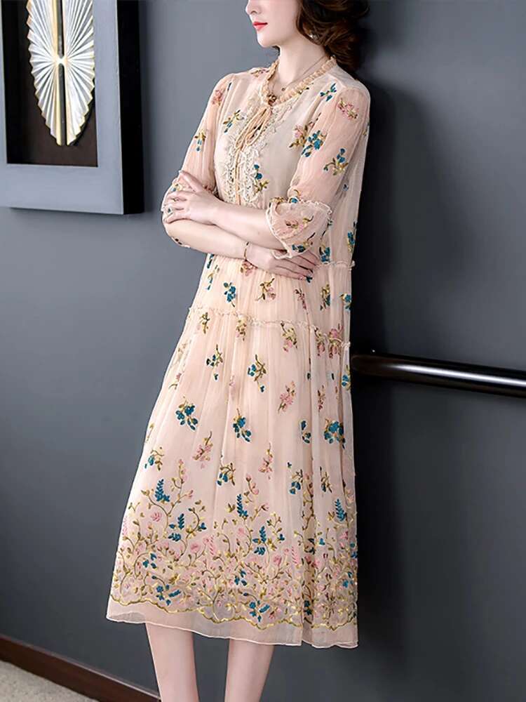 Summer New Silk Embroidery ral Loose Women Elegant Chic Ruffled Collar Casual Home Dress 2024 Vintage Party Robe