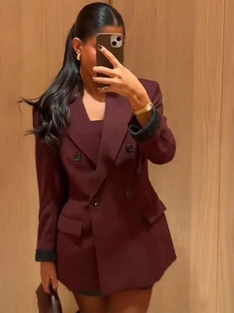 Vintage Lapel Women Blazer Fashion Double Breasted Fake Pockets Office Lady Suit Jacket Autumn Long Sleeve Female Coat