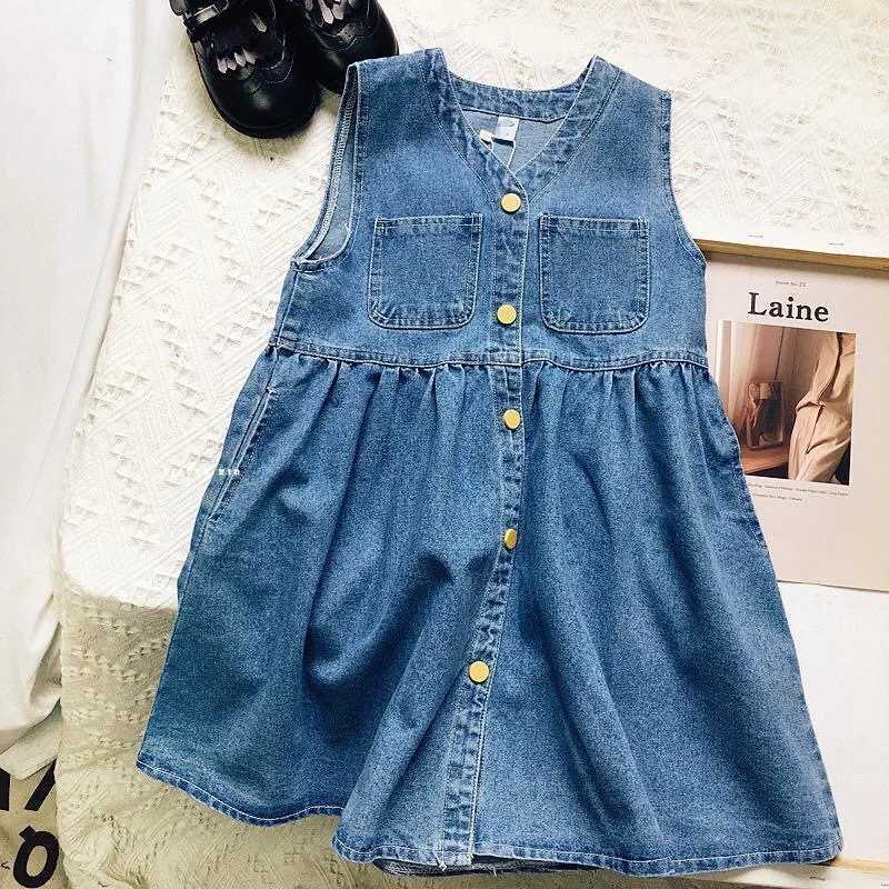 Summer 2024 2-8 year old girl casual jeans denim sleeveless dress W250326