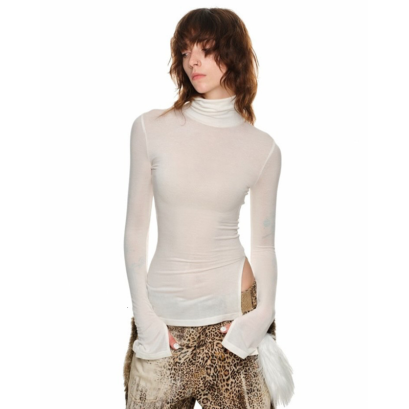 2025S Fashion Designer Q TP Women S Autumn Winter High Collar Bottom Solid Color Split Sleeve Waist Top T Shirt