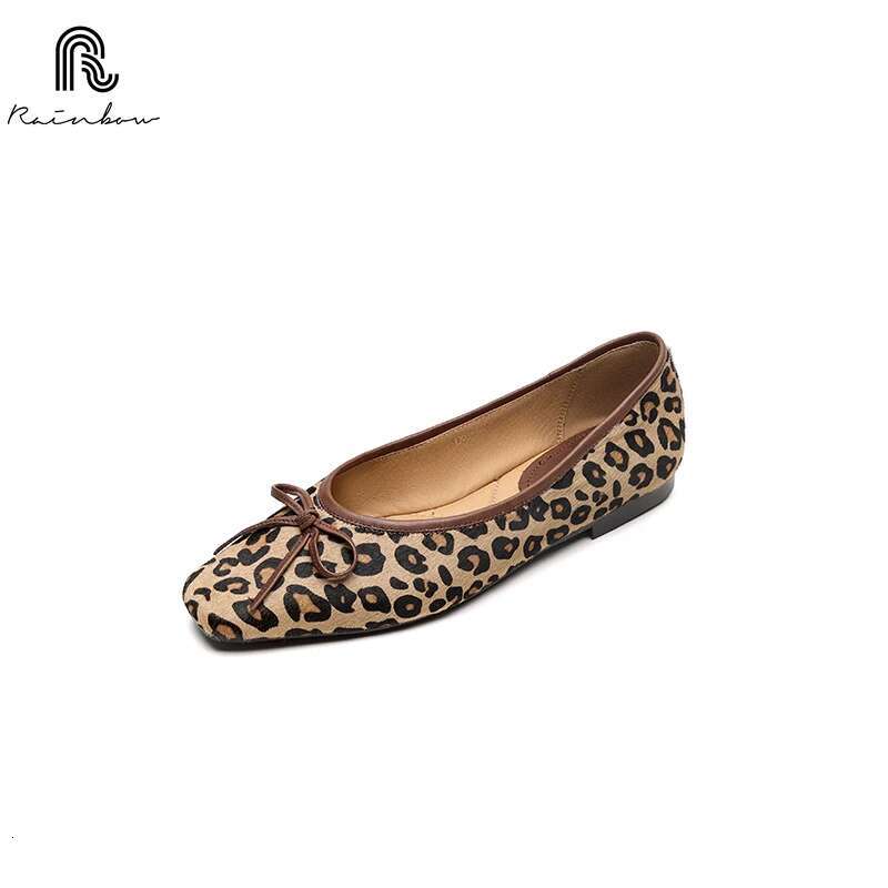 RAINBOW Size 34-43 New Spring Autumn Women Pumps Square Toe Chunky Horsehair Leopard Shoes Concise Flats Comfortable Black Soft