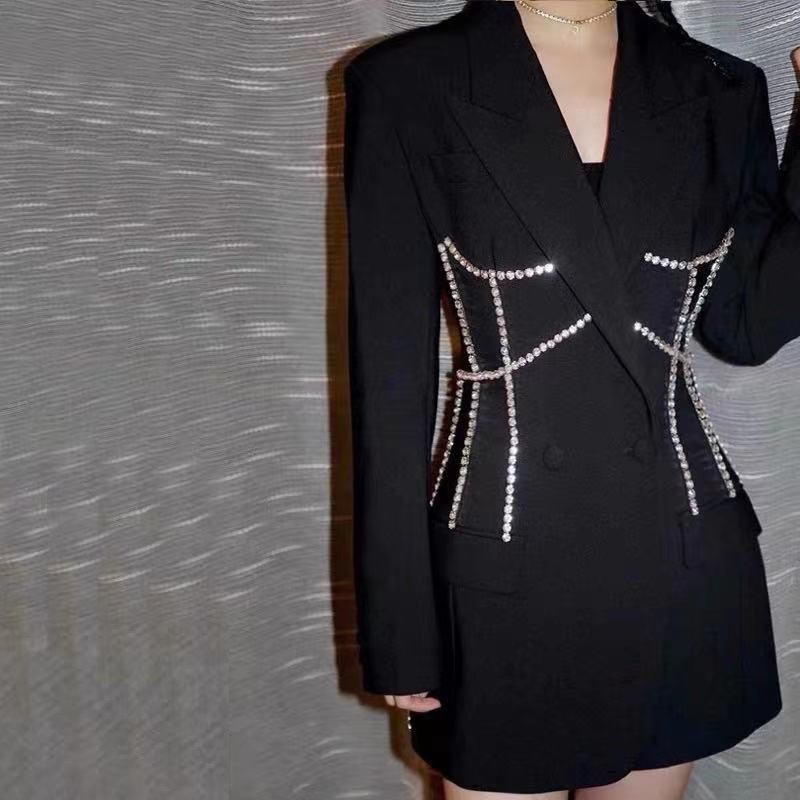 Autumn light luxury rhinestone decorated jacket for women, mid to long style, fashionable waist cinched small suit skirt 98192024
