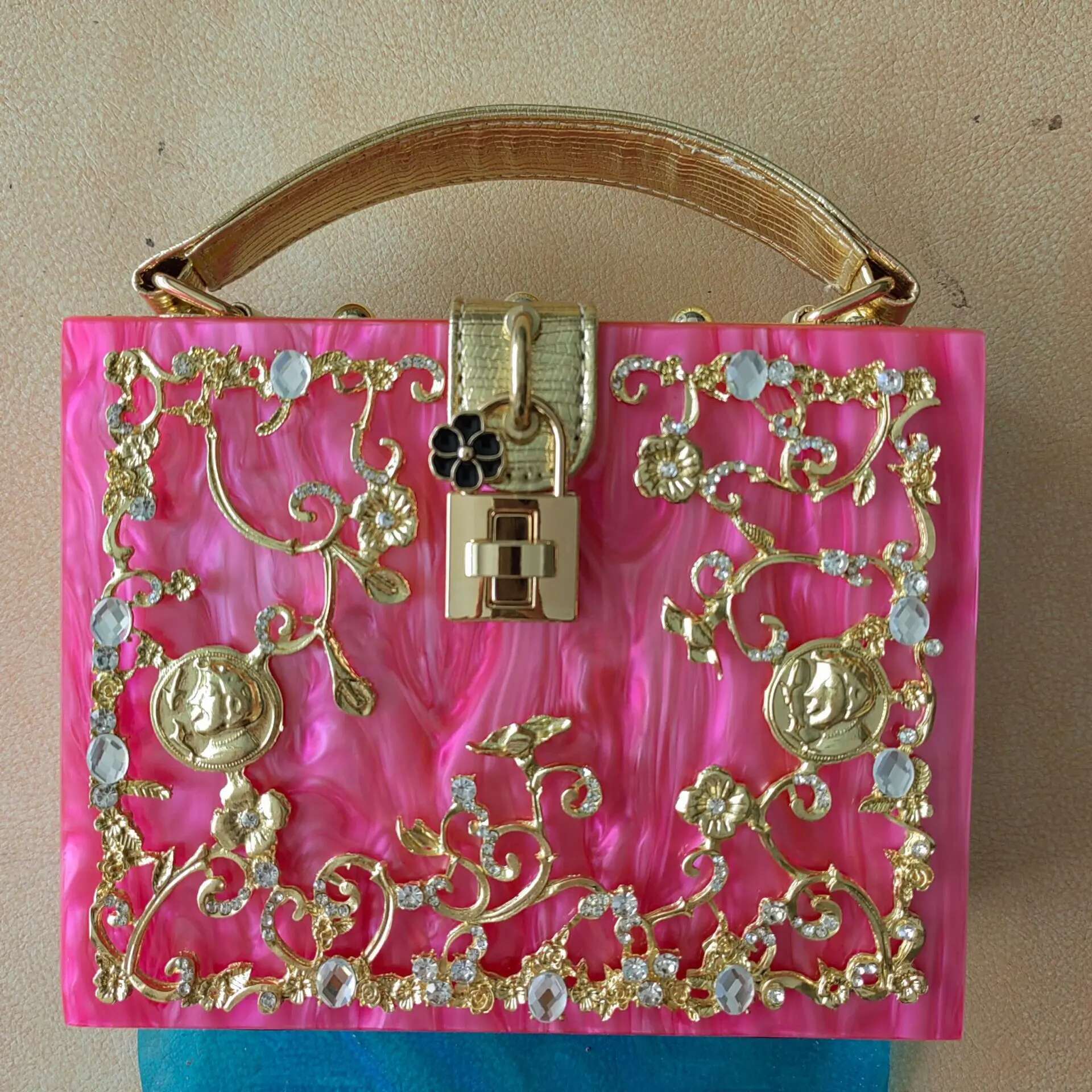 Acrylic Banquet Bag, Hollow Metal Carving With Dia Inlay, Handbag, Single Shoulder, Slng Back For Ladies