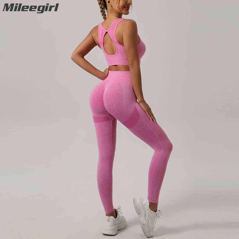 Milegirl 2-piece womens sports set push up yoga pants hollow back gym bra workout running legs seamless set W250326