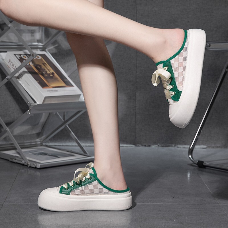 Designer Shoes 2025 Summer New Half Slippers White Thick Bottom Big Head Student Union Casual Hollow Cake Shoes Women's Checkered Printed Board S