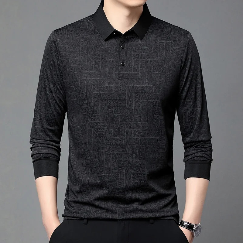 Mens business casual long sleeved solid color polo shirt fashionable breathable and comfortable Versatile top y250326