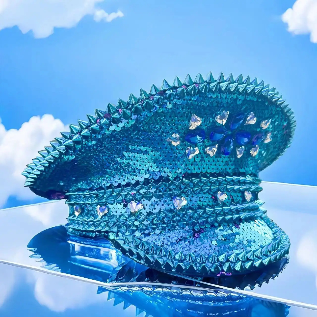 Blue Steampunk Captain Hat Unisex Sequin Cap Bridal Navy Cap Rhinestone Party Cap for Cruise Ship Party Adult Party Outdoor 250325