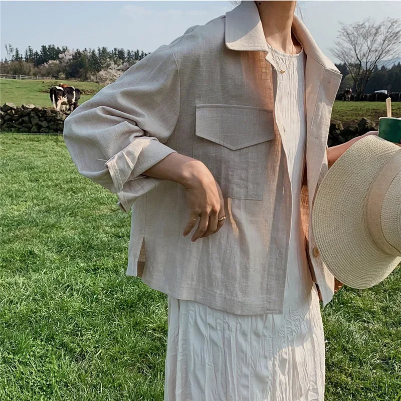 REALEFT Retro Cotton Linen Womens Cargo Jacket Pocket Spring and Autumn Solid Long Sleeve Casual Coat 250321