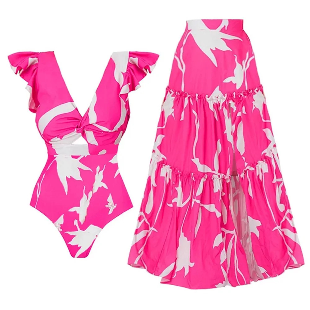 2Pcs Shoulder Ruffle Swimsuit With Skirt Women Sexy Swimwear Female Bikini Printed Biquini Swim Suit Deep V Bodysuit Beachwear 250324