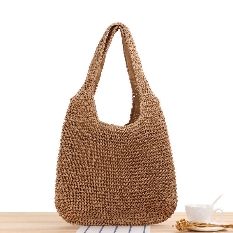 6a Single shoulder paper rope forest series handmade woven bag, casual versatile large capacity beach bag