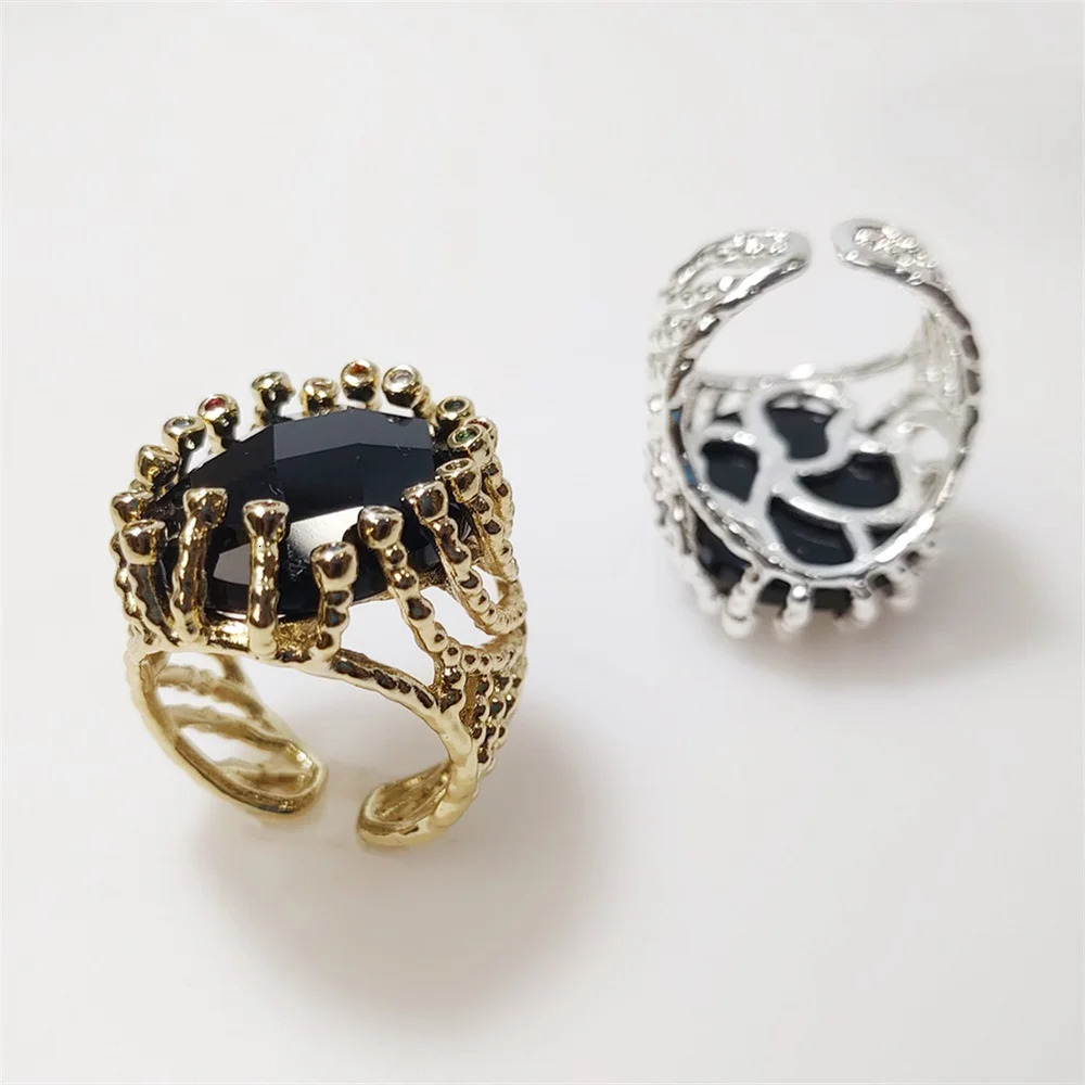 FUWO wholesale 5pcs natural obsidian ring gold/silver plated colored zircon crystal ring suitable for womens jewelry RG057O 250322