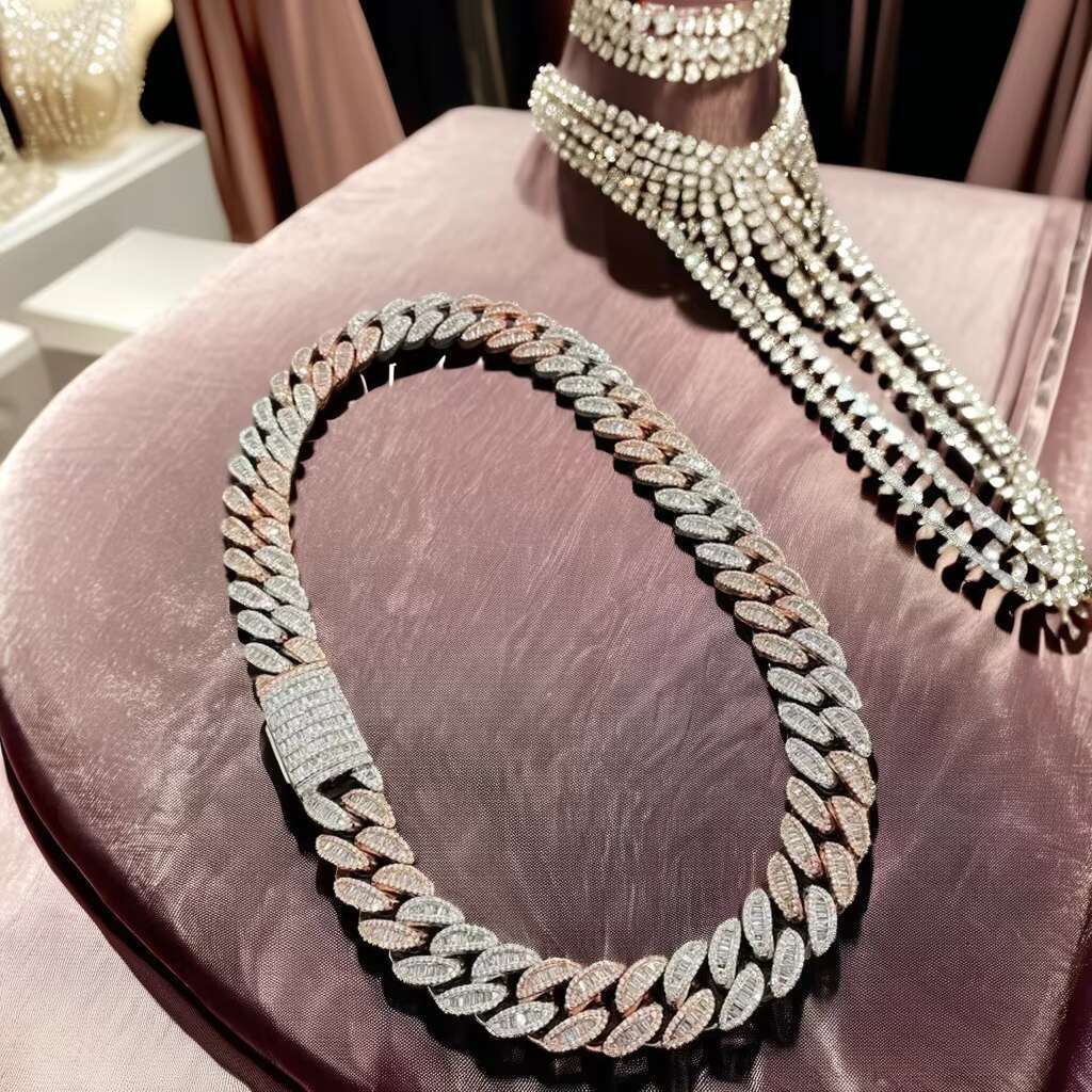 20 MM Iced Out Moissanite Baguette Round Diamond Studded Cuban Link Hip Hop Style Miami Cuban Chain for Men Women Gift Idea