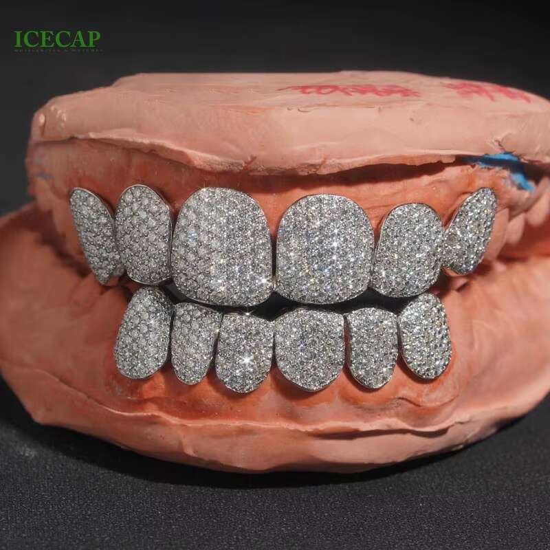 Custom Grillz 925 Silver Teeth Grillz Silver Diamond Hip Hop Moissanite Grillz Deep Cut Honeycomb Diamond Grllz