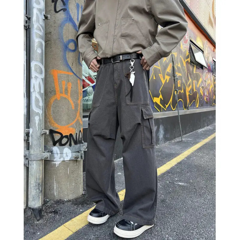 Mens casual work clothes cargo pants loose fitting straight and wide legs multiple pockets practical outdoor hiking durable heavy-duty 250324