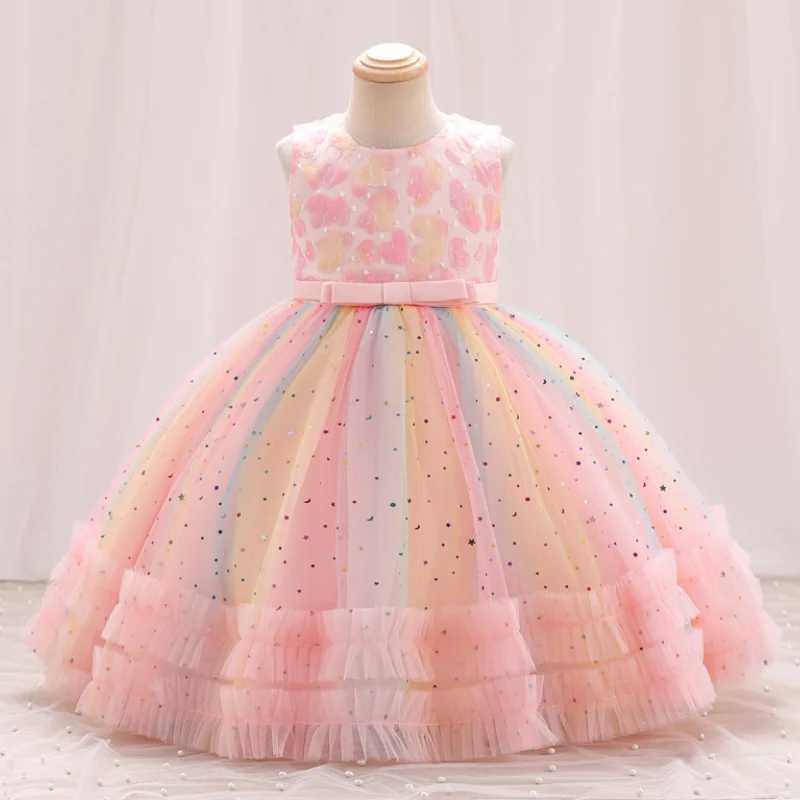 New girl embroidery star sequin rainbow mesh sleeveless dress Christmas party evening dress for girls aged 1-10 W250326