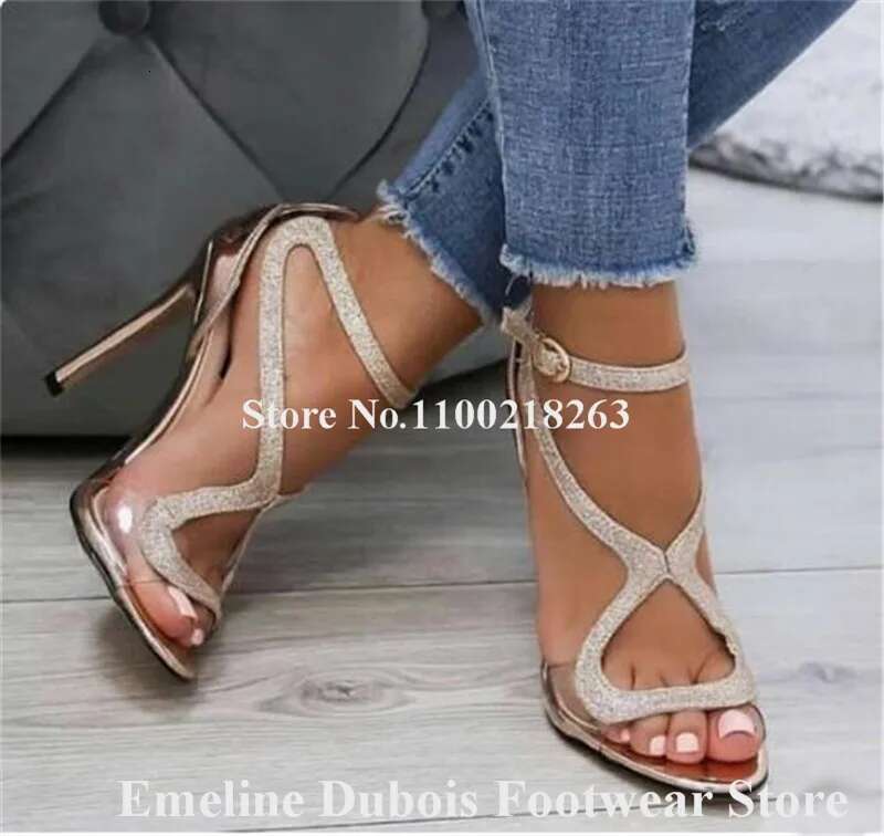 Brand Curved Emee Dubois Open Toe PVC Patchwork Stiletto Heel Gladiator Sandals Ankle Straps High Heels