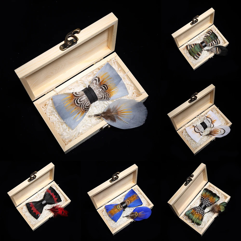 JEMYGINS original bow tie peacock feather handmade leather bow tie brooch pine gift set wedding party mens suit Bowtie Necktie 250319