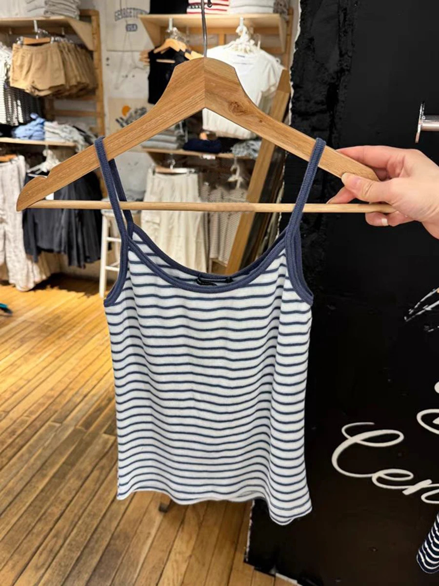Fashion striped slim crop top womens summer sleeveless cotton cut vest American retro streetwear Sweet Y2k vest style 250321
