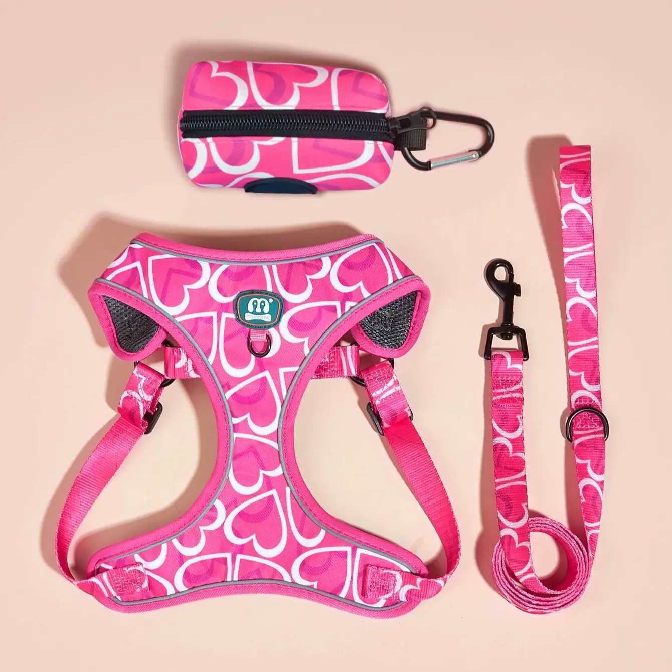 3 pieces/set Love Heart Print high-quality adjustable rose red colored pet dog harness and belt poop bag holder set X250326