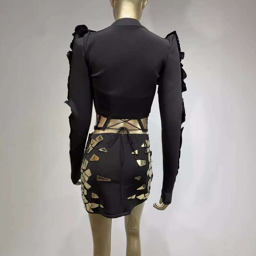 Sexy Shiny Gold Imitation Lens Mini Skirt Set Y2k Bar Party Female Singer Nightclub Performance Outfit