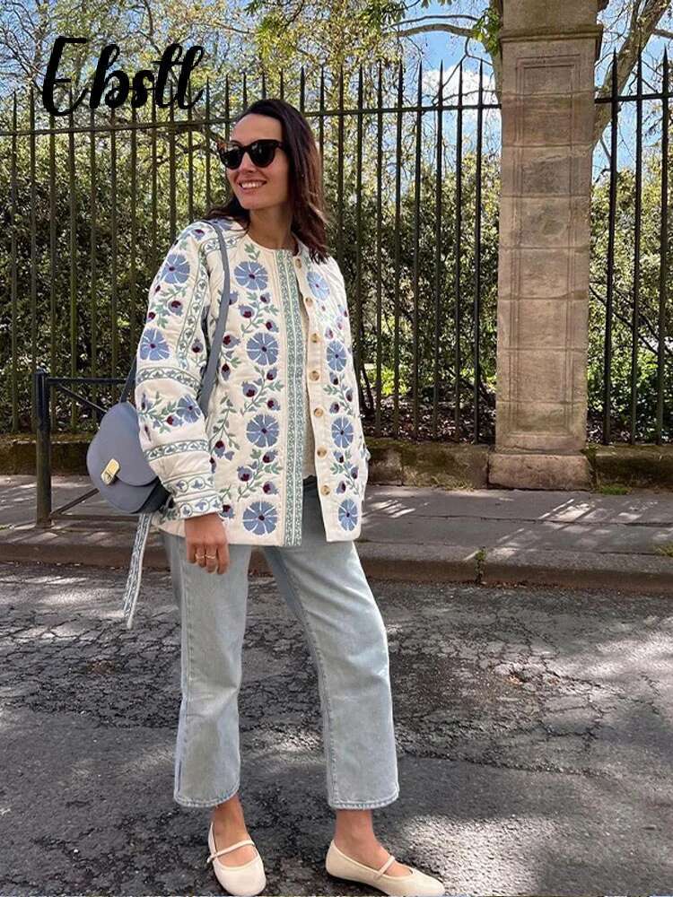 Casual Print Quilted Belt Coats Women O-Neck Single Breasted Long Lantern Sleeve Jackets 2024 Autumn Winter Female New Outwear
