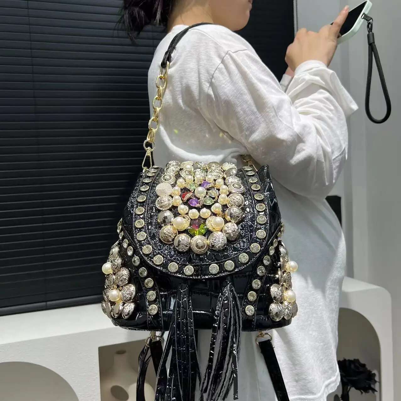 Women's Fashion Dia Handbag Elegant Evening Beaded Light Backpack Crossbody Bag