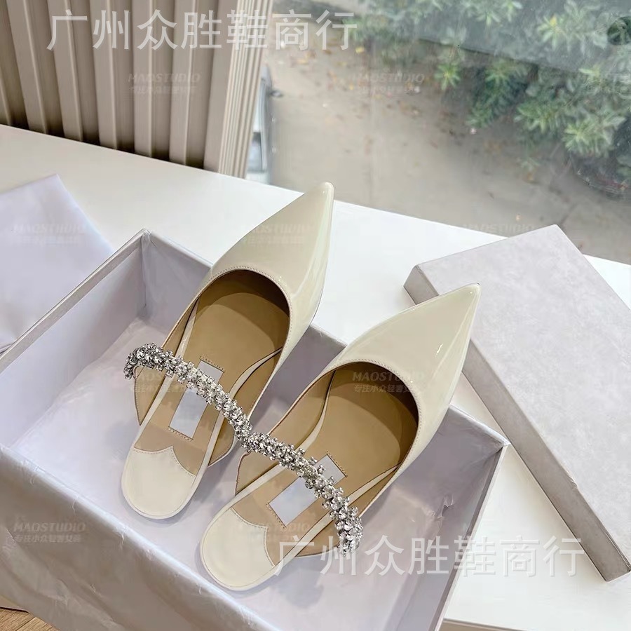High version JC rhinestone flat sandals for women, pointed toe, half drag, patent leather, thin heel, straight strap, high heels, toe caps, single sho