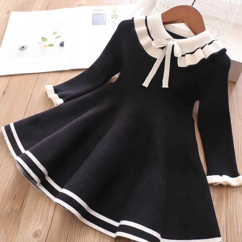 Autumn childrens warm sweater girls casual solid color pleated princess dress girls winter knitted dress W250326