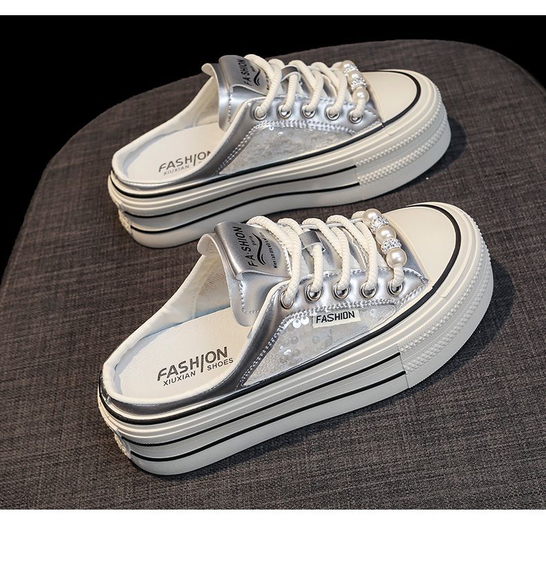 designer shoes new Women's summer outdoor fashion style white slip-on mules with toe caps no heels super trendy half-slip sandals
