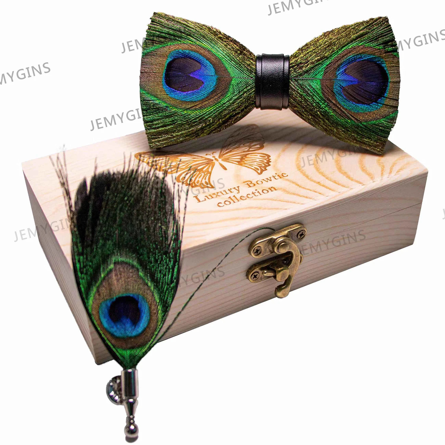 JEMYGINS original bow tie peacock feather handmade leather bow tie brooch pine gift set wedding party mens suit Bowtie Necktie 250319