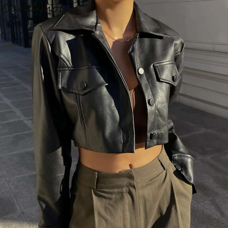 Candyhot Autumn Faux Leather Short Jacket Y2k Turn-Down Collar Fashion Botton Decoration PU Coat 2024 Grunge Street Casual Coats