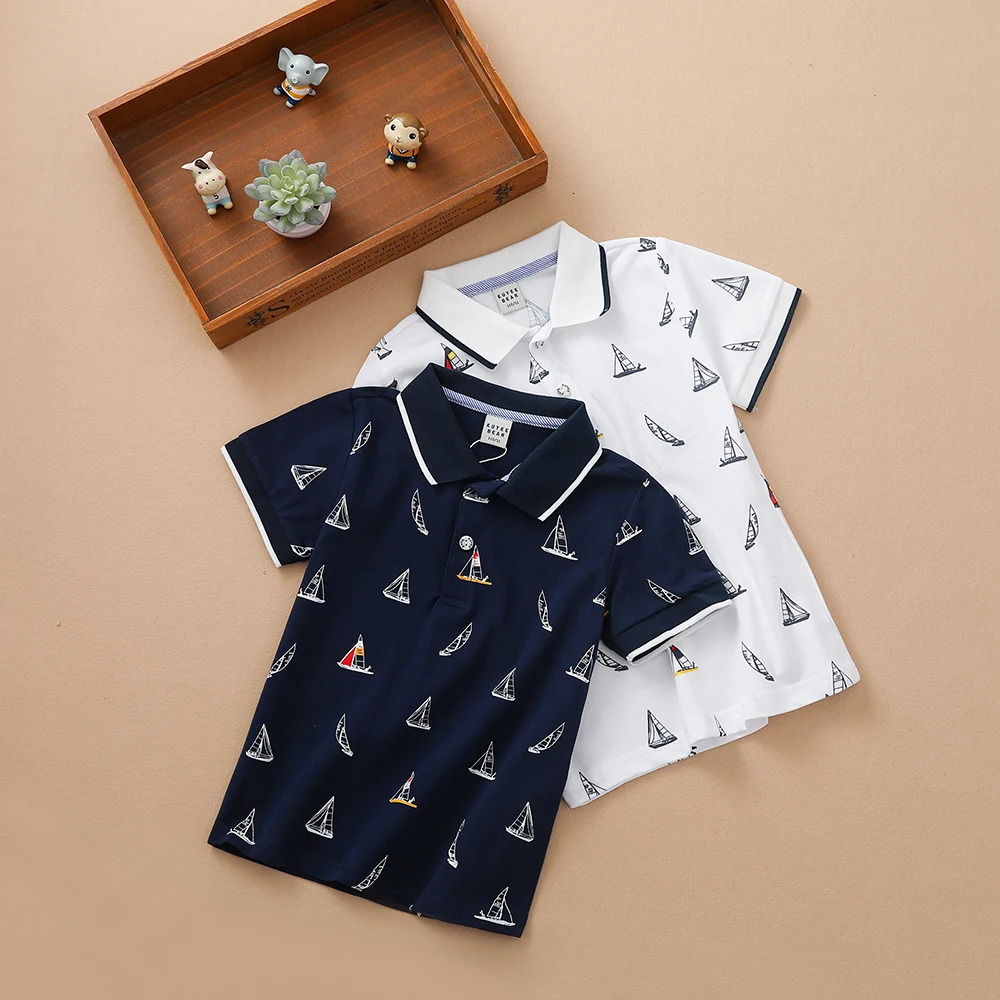 Baby Boys Polo Shirts Summer Short Sleeved Print Top Shirt School Clothing 4T-12T Kids Cotton Tshirts 250326