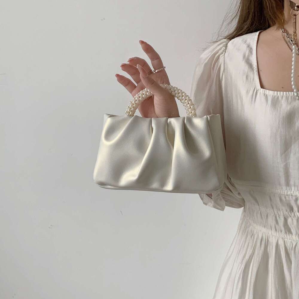 62 Women's 2024 New Trendy Fashionable Round Pearl Handheld Folded Cloud Bag, Small and Elegant One Shoulder Crossbody Bag