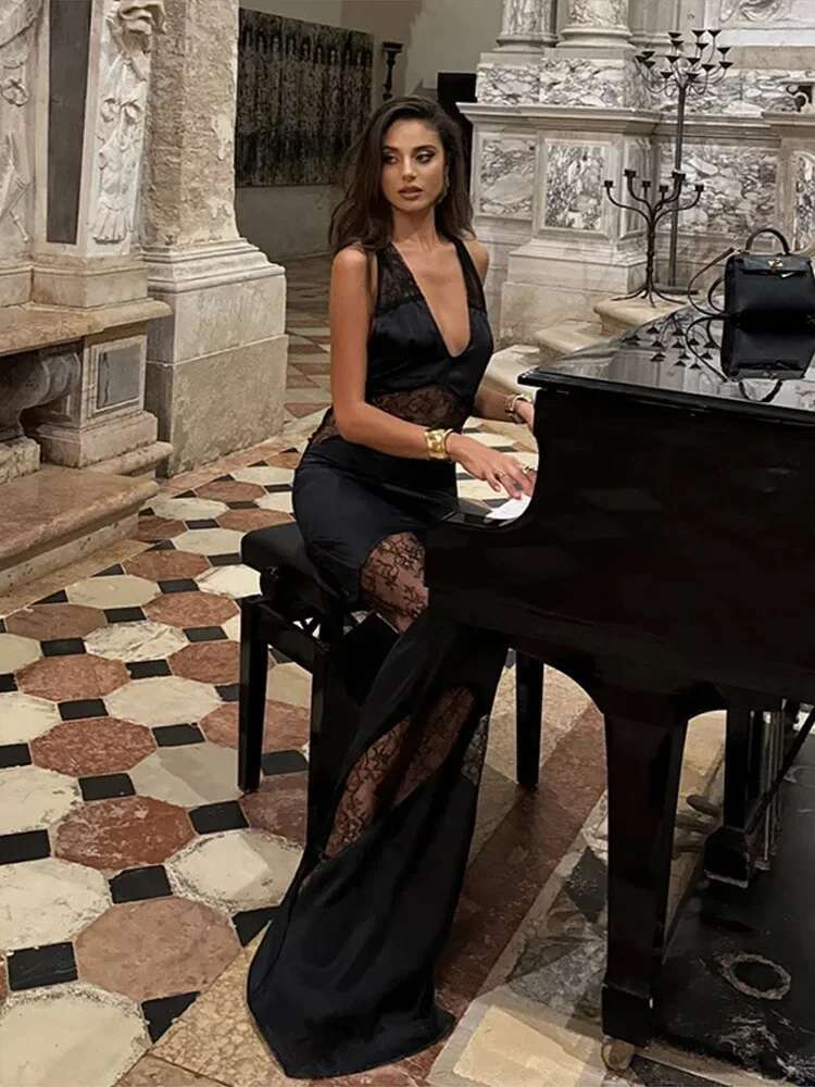 Chic Lace Patchwork Women Halter Dresses Elegant Solid Backless Lady Maxi Dress Evening Party Hip Package Female Vestidos
