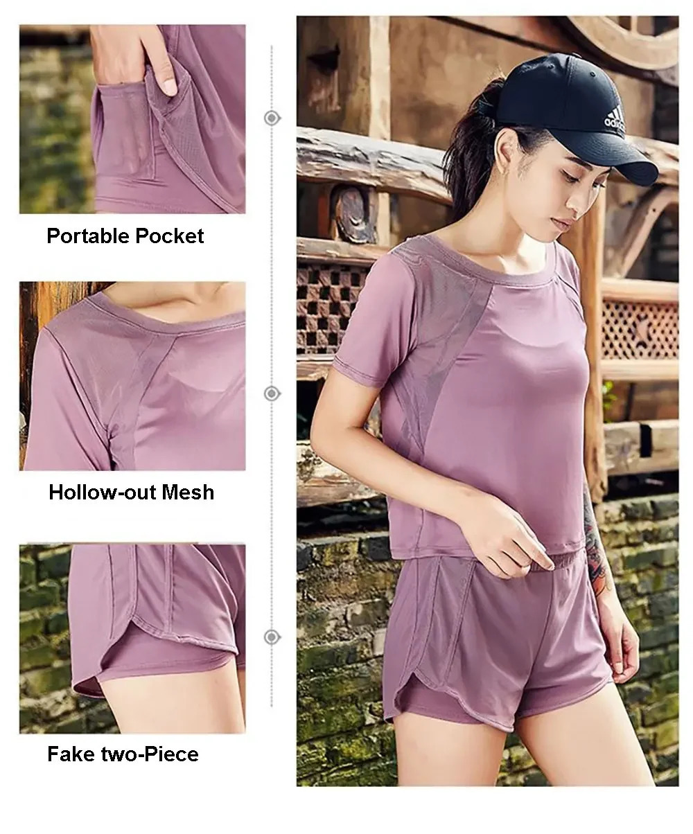 2-piece womens sports set womens yoga set loose short sleeved top breathable fitness bike shorts 250320