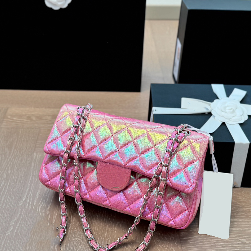 Mermaid Metallic Iridescent Classic CF Flap Quilted Bags Diamond Lock Silver Metal Hardware Matelasse Chain Crossbody Handbags Sac Purse 25x15cm