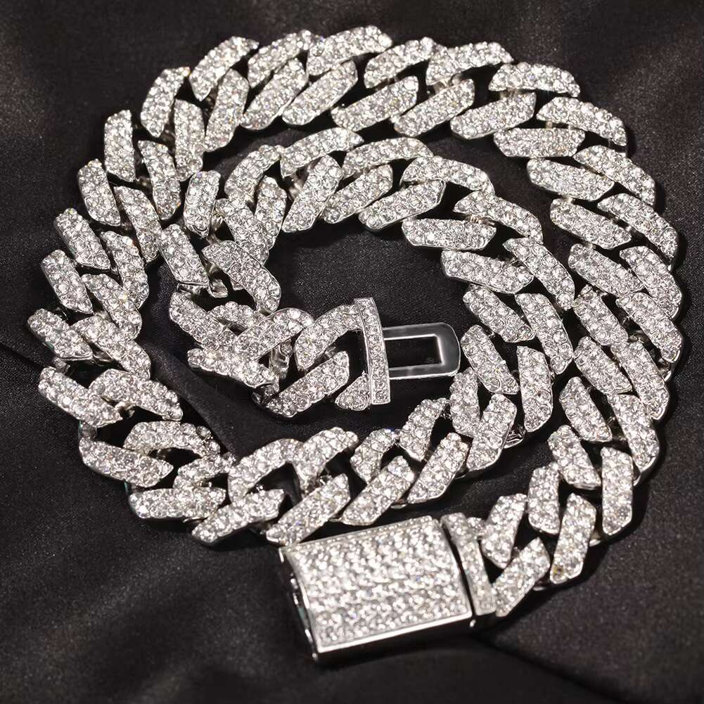 Trendy Electroplating 18mm Cuban Chain Men Rock Punk Full Diamond Hiphop Fashion Cuban Link Chain