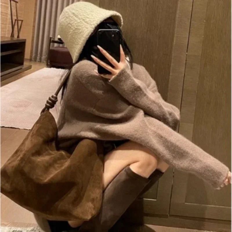 All-Match Chamois Matte Suede Cowhide Leather Tote Large Capacity Designer Maillard Dressing Coffee Winter Ladies Handbag