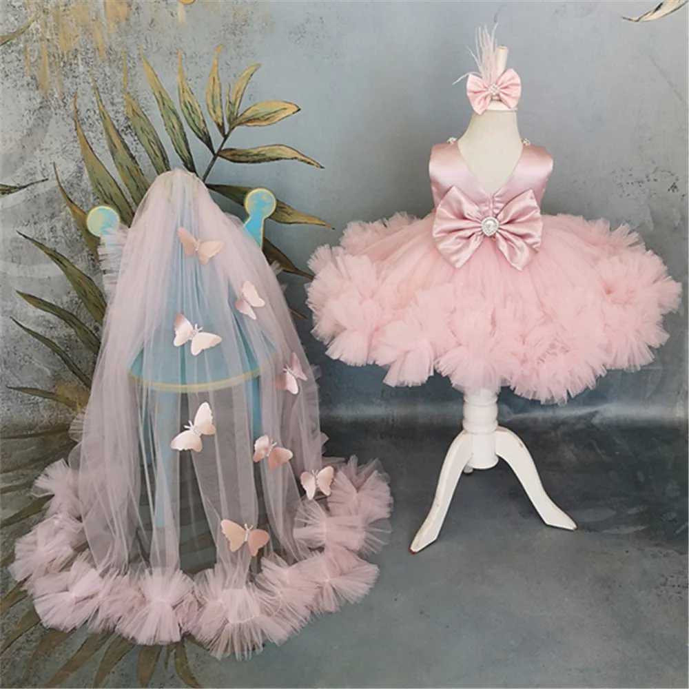 Fluffy girl pink baby dress with train flower girl dress bow cute childrens birthday dress Frist exchange W250326