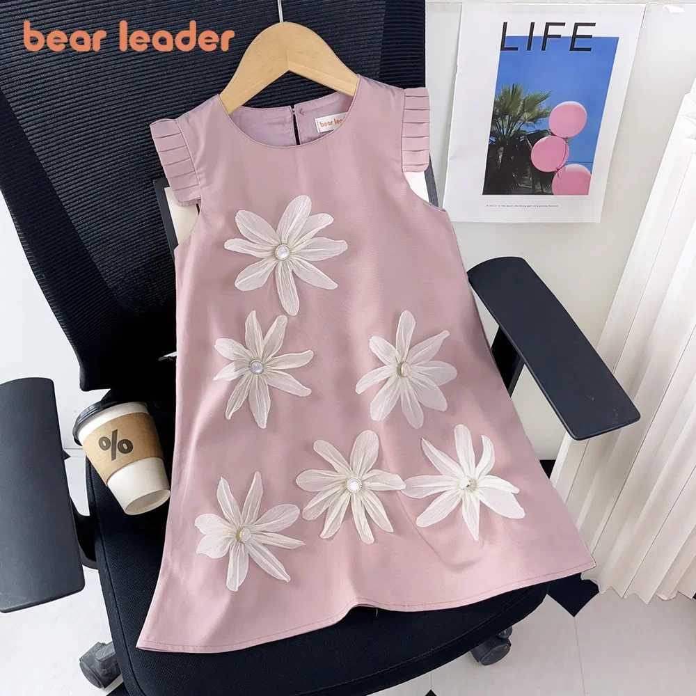 Bear collar sleeves 2-7-year-old childrens wedding birthday Par clothing summer girl princess beige 3D flower bed top W250326
