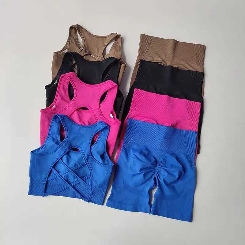 Womens seamless yoga set sexy sports bra high waisted sports shorts set gym clothing fitness bra set 2-piece short set W250326