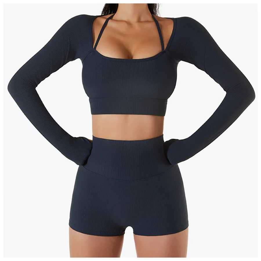 2-piece yoga short sleeved set womens white long sleeved mat push up crop high waist fitness gym set sportswear ultra-thin exercise clothing W250326