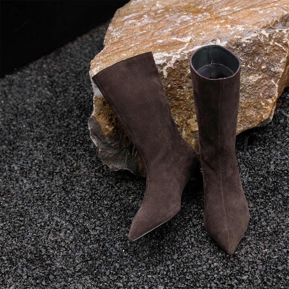 High Heel FEDONAS Sexy Women Pointed Toe Mid Calf Kitten Low Heels Warm Knight Boots Fashion Slip On Party Wedding Shoes Woman