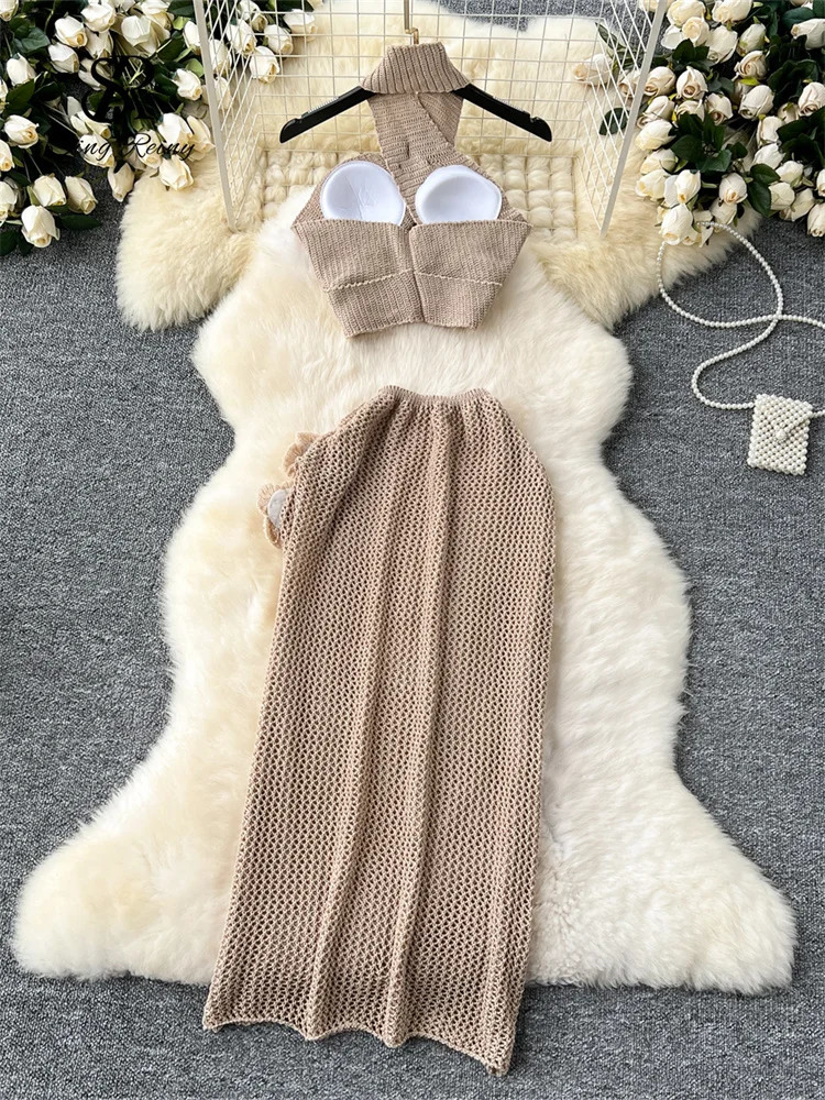 SINGREINY Summer 3D Knit Suits Halter Hollow Out Mini TopsLong Slim Side Split Skirt Women Beachwear Sexy 2 Pieces Sets 250324