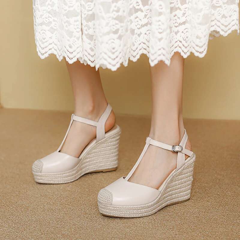 New EAGSITY 2025 design espadrilles cow leather wedges sandals platform ankle strap high heel casual shoes pumps