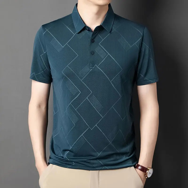 Mens summer short sleeved plain polo shirt streetwear fashionable top business office loose collar quick drying mens casual clothing 250326