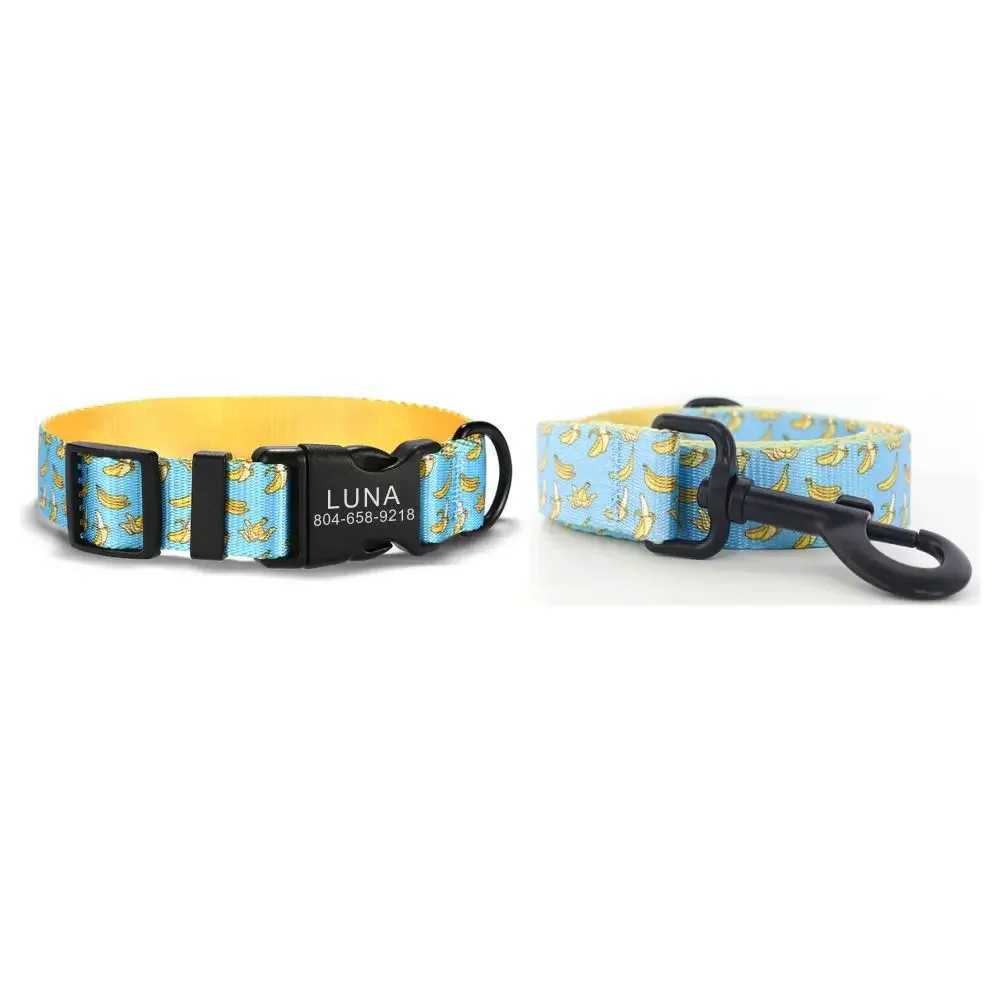 Personalized pet collar customized name ID adjustable blue banana soft fiber cat and dog collar lead strap X250326