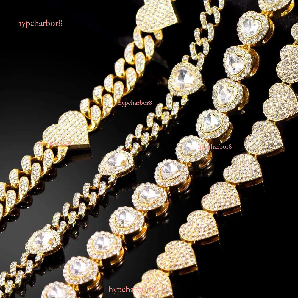 Iced Out Hip Hop Heart Cuban k Chain Womens Micro Water Dia Paving Necklace Set Fashion Jewelry High Quality 240927