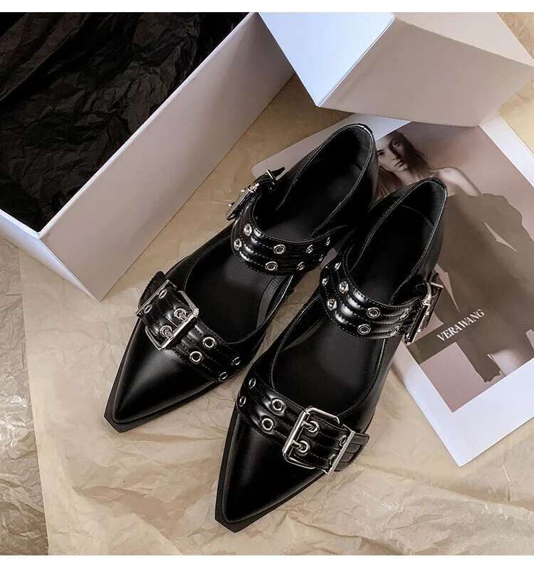 2025 Summer New Women's Genuine Leather Flat Shoes, Large Square Metal Designer Fashion Double Button Shoes, Punk Women's Shoes, Handmade